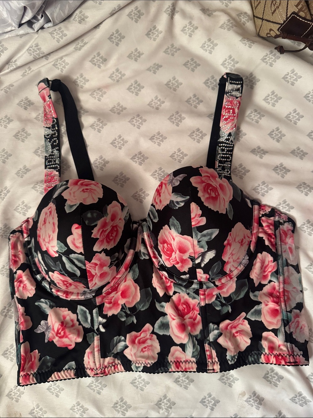 Victoria's Secret Black Bustier Bra with Pink Floral Print